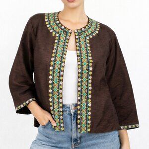 Silk Land Silk Jacket XL Brown Embroidered Boho Open Front Festival Statement